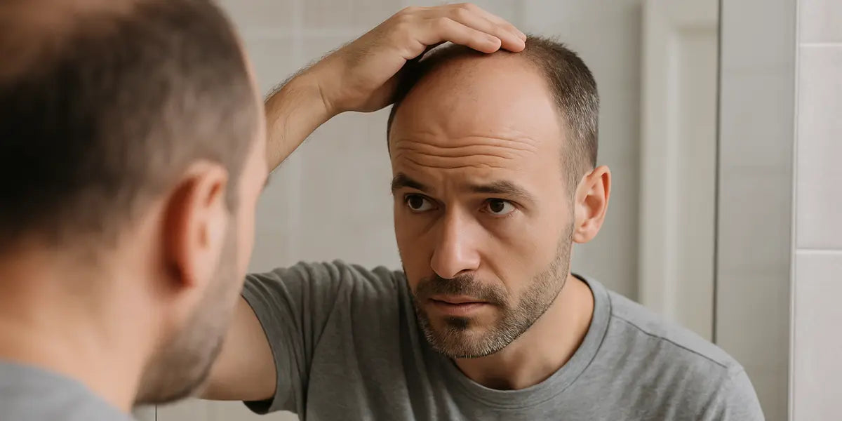 men looking in mirror at his hair loss