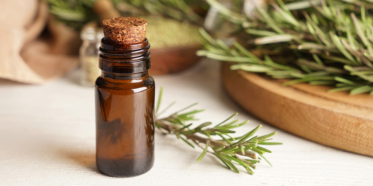 Vial of rosemary essential oil for hair growth.