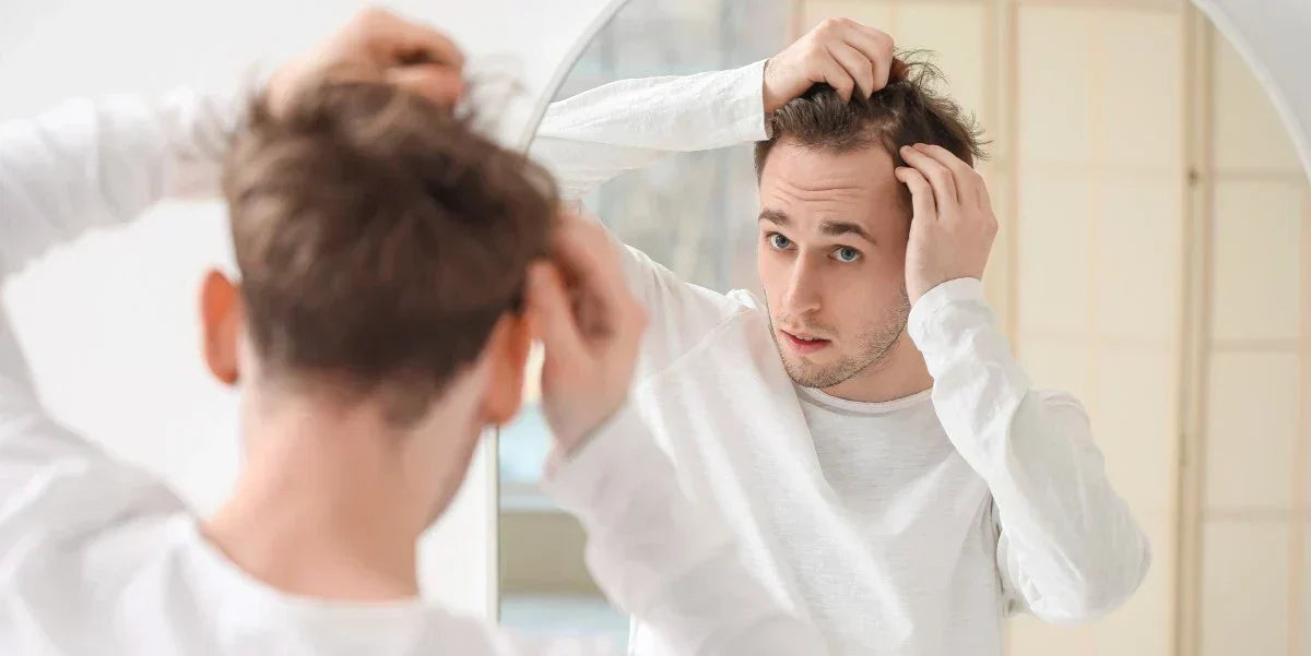 men inspects his hair line in front of mirror