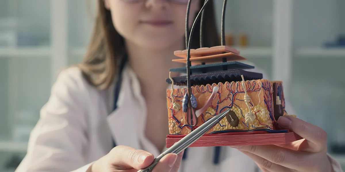 Young female doctor holding up a model of scalp anatomy.