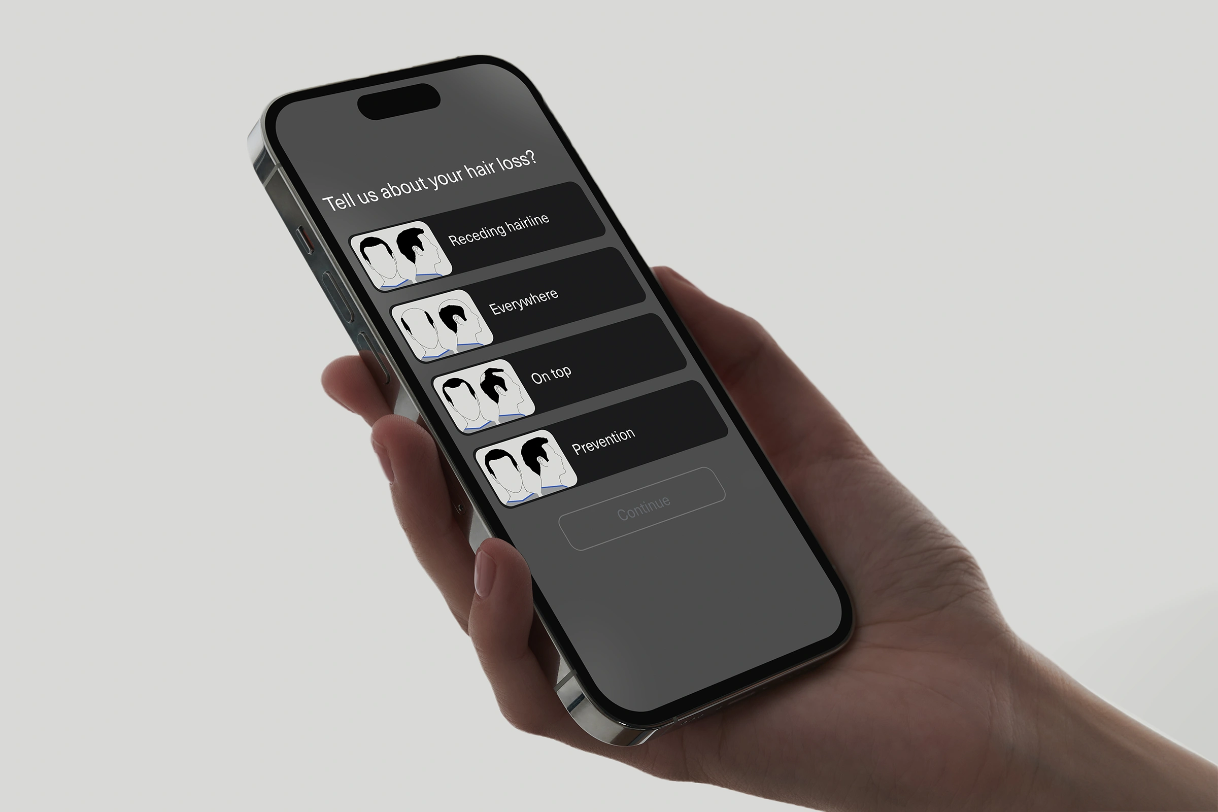 phone with hair regrowth consultation interface visible
