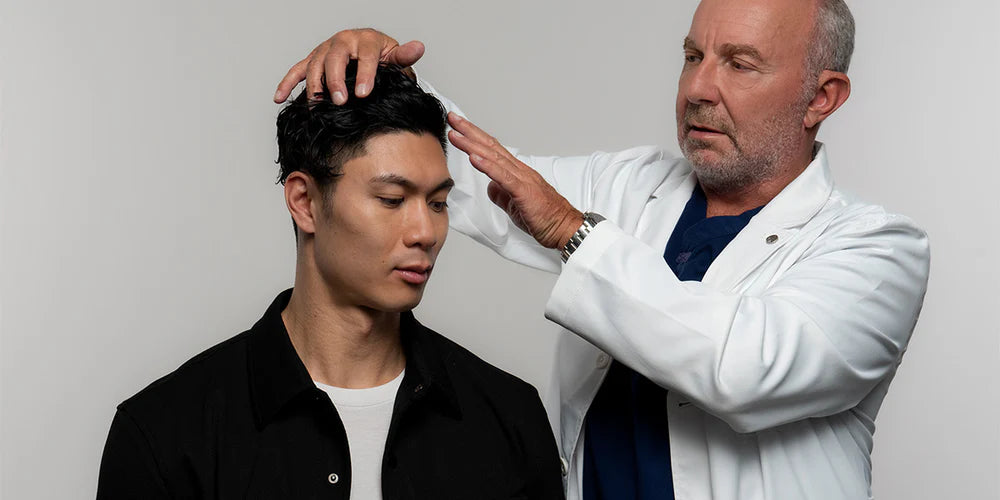 XYON doctor examining patient's hair regrowth.