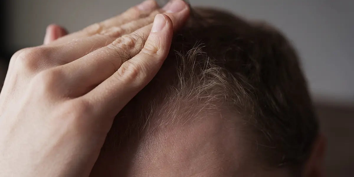 Man caressing hair experiencing the early signs of androgenetic alopecia.