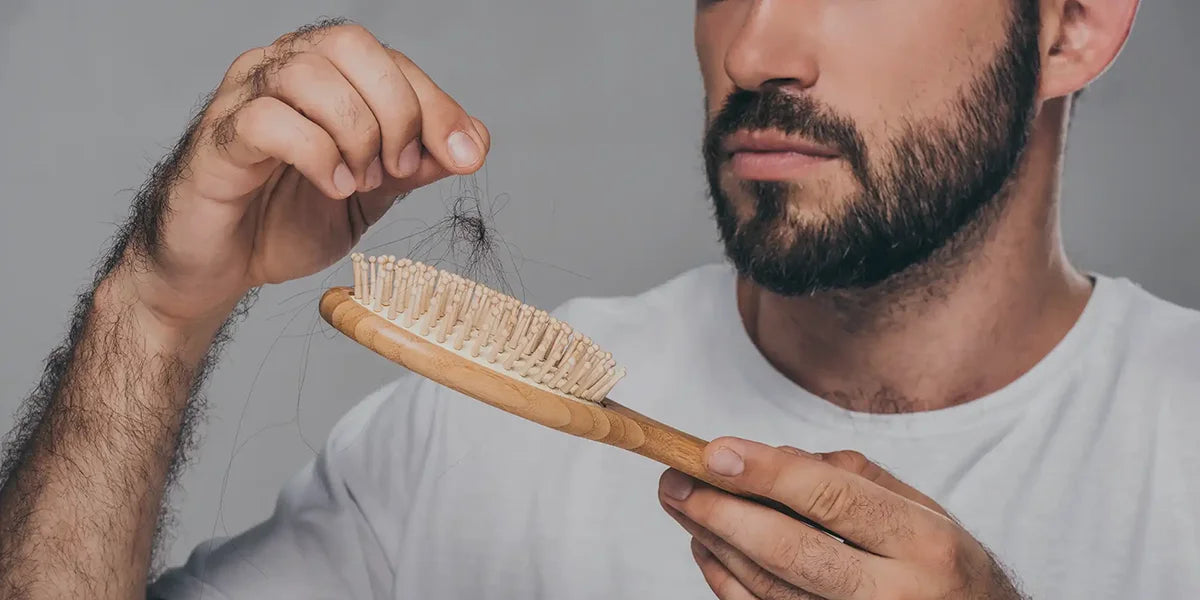Man holding comb experiencing finasteride shedding.