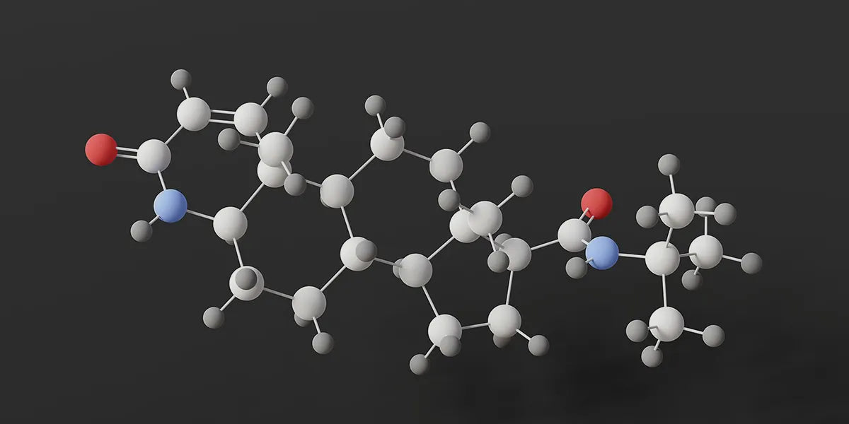 3D rendering of finasteride's structure to show how affects its mechanism of action.