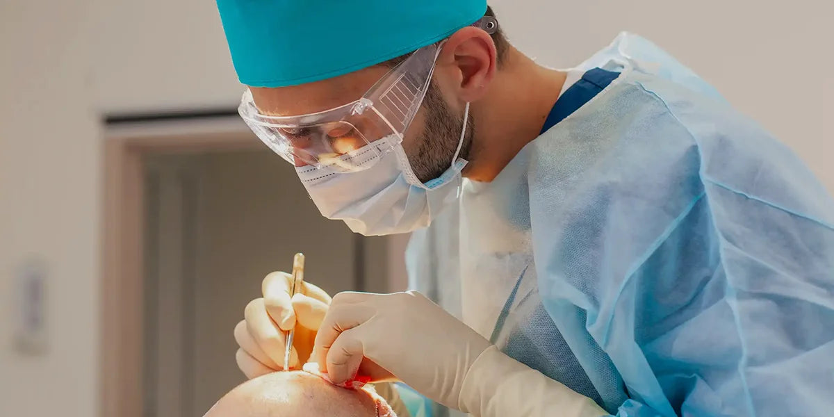 Surgeon performing hair transplant on patient who will need to take finasteride after transplant.