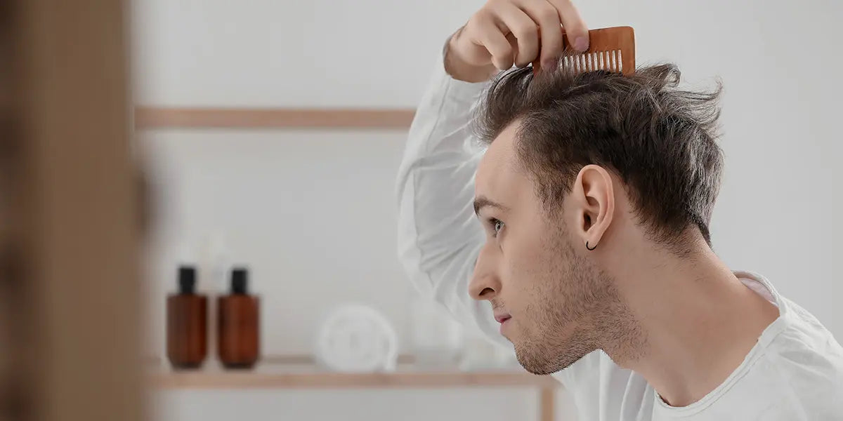 Young man combining his hair considering oral minoxidil vs topical for his early stage hair loss at the hair line.