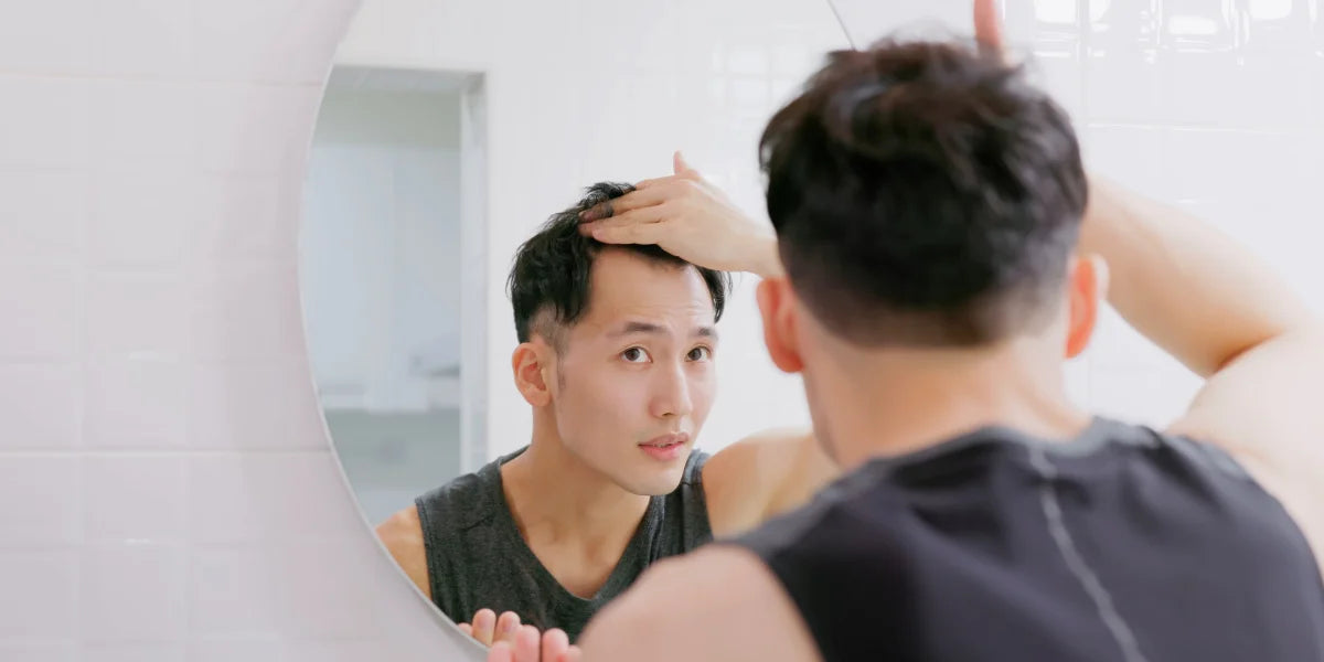 Young man in mirror worried about link between testosterone and hair loss.